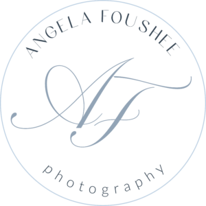 Angela Foushee Photography wedding logo in light slate blue and navy with hints of sky blue
