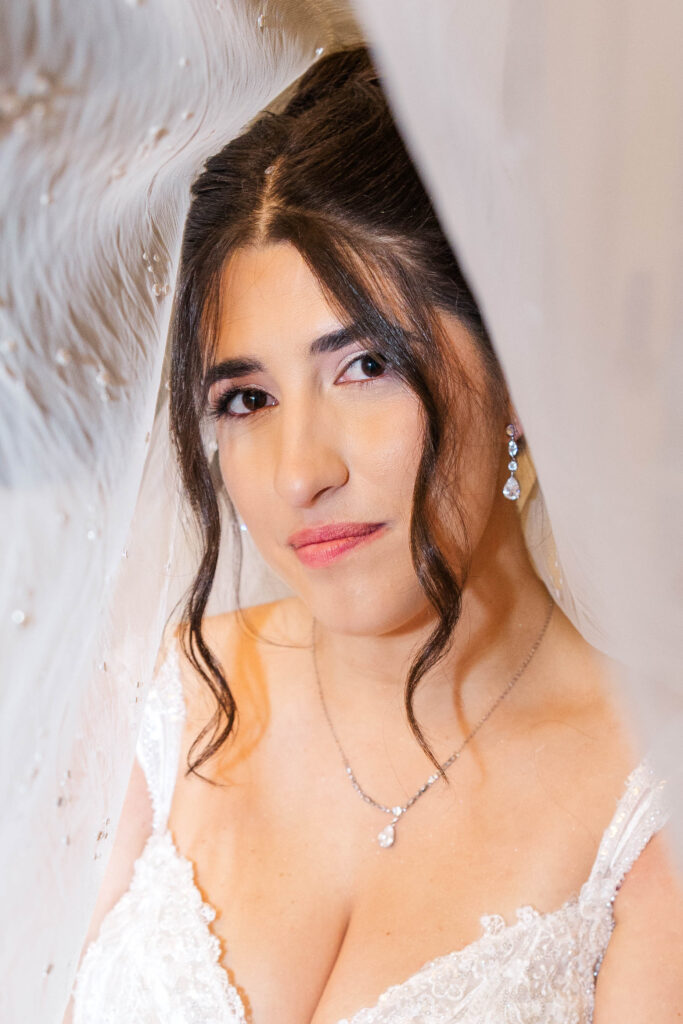 Close-up of the bride’s radiant face framed by her delicate veil, highlighting her natural beauty on her wedding day at The Virginia Cavalier.